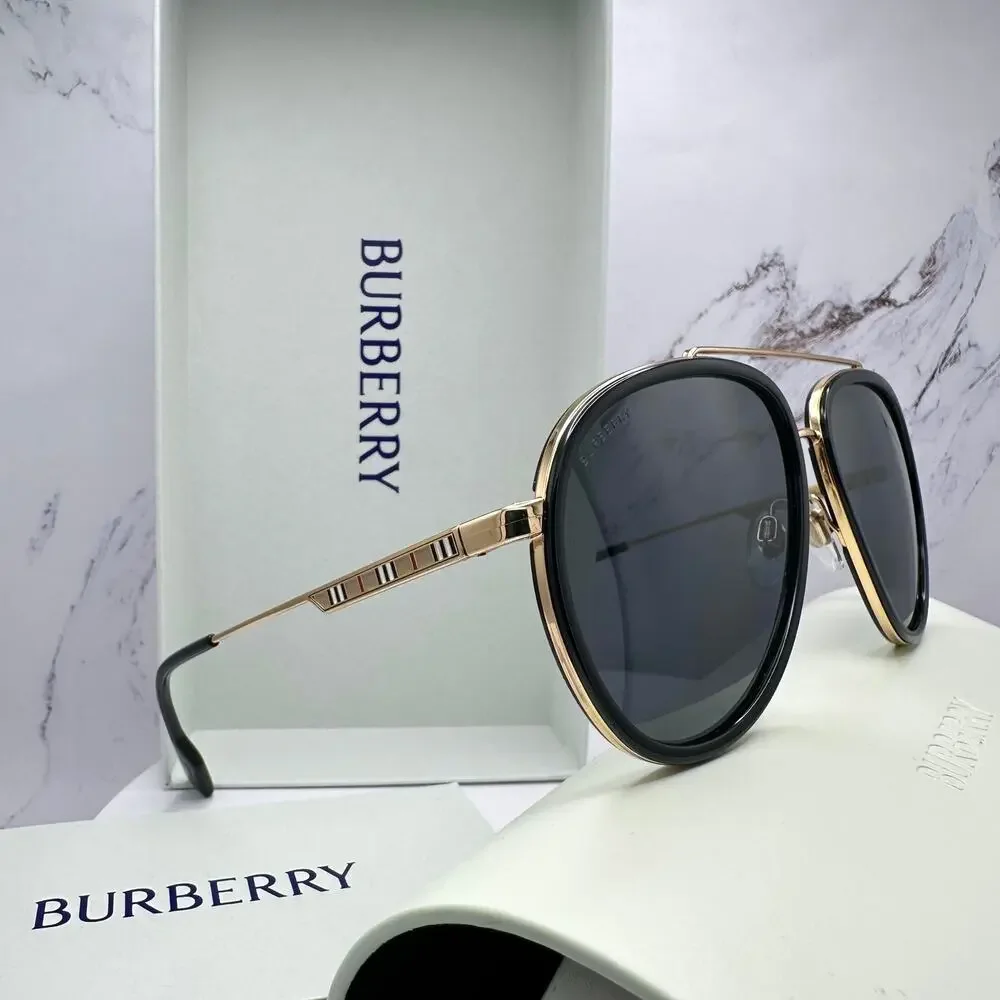 New Burberry Sunglasses Polarized Gold Black Check Arms Aviator Pilot Metal - Picture 4 of 16
